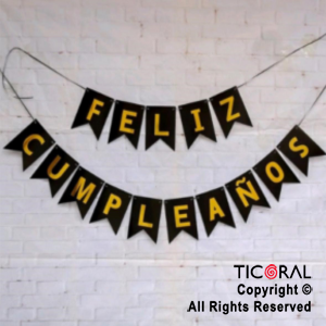 BANDERIN FELIZ CUMPLEAOS PARTY NEGRO CON STAMPING x 1